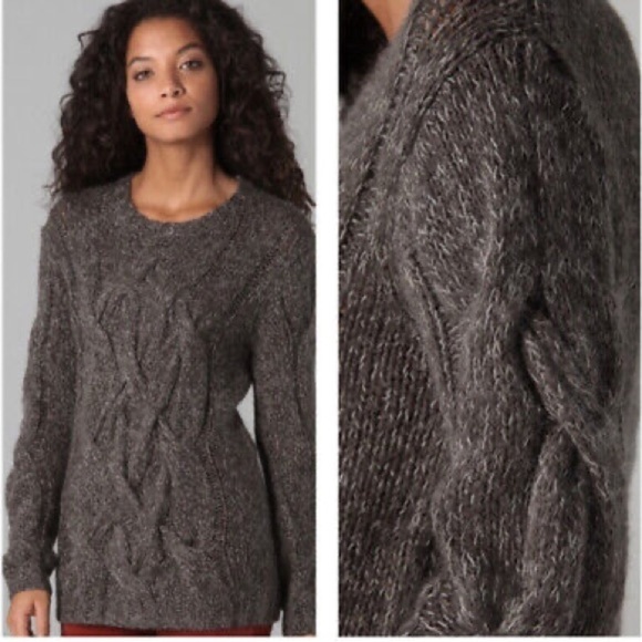 Theory Bramsy Airmix Wool Mohair Cable Knit Braided Sweater Melange Grey - small - Picture 1 of 7